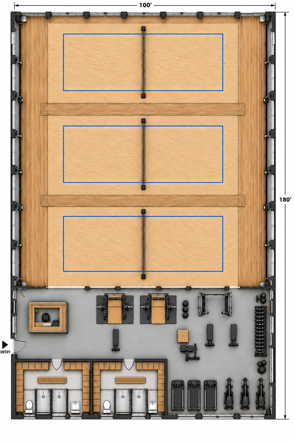 Plan conceptuel vu du dessus : trois terrains de volleyball de plage, gym, vestiaires et douches